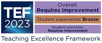 TEF 2023 outcome logo, showing that the overall rating is Requires Improvement, the student experience rating is Bronze, and the student outcomes rating is Requires Improvement